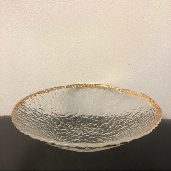 Mid Century Modern Large Glass Bowl with Gold Trim and Wavy Glass 1950s